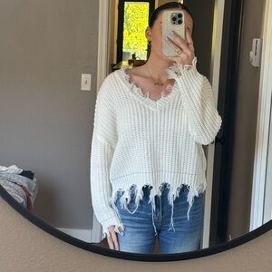 Frayed Hem White Sweater